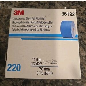 3M-36192 Hookit Blue Abrasive Sheet Roll Multi-Hole, 2.75 Inch X 13y, 220 Grit.